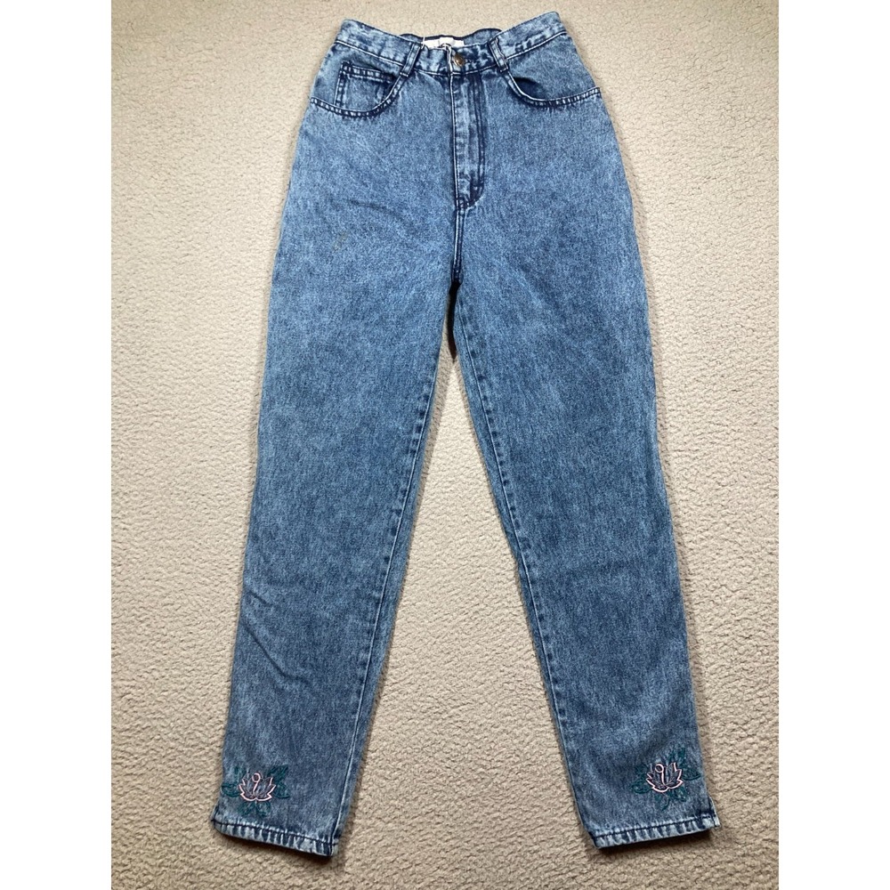 Deb Mom Jeans Womens 9/10 Blue Acid Wash High Rise Embroidered Lotus Vintage 90s